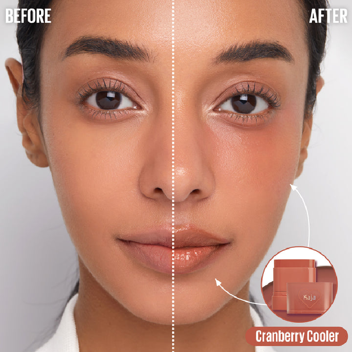 KAJA DEWY BAR Cheek & Lip Multi Balm - Cranberry Cooler before and after