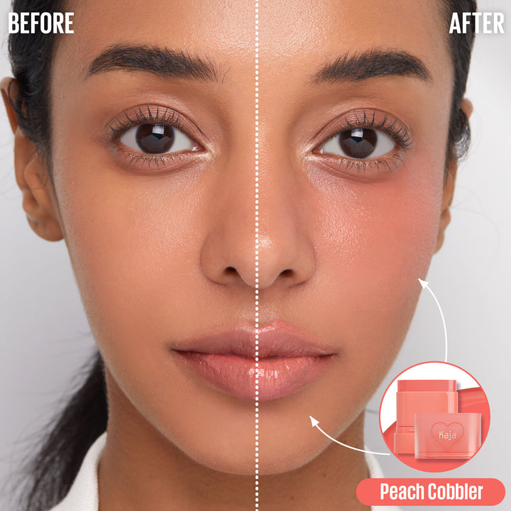 KAJA DEWY BAR Cheek & Lip Multi Balm - Peach Cobbler before and after