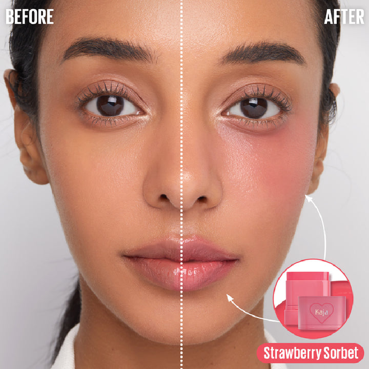 KAJA DEWY BAR Cheek & Lip Multi Balm - Strawberry Sorbet before and after