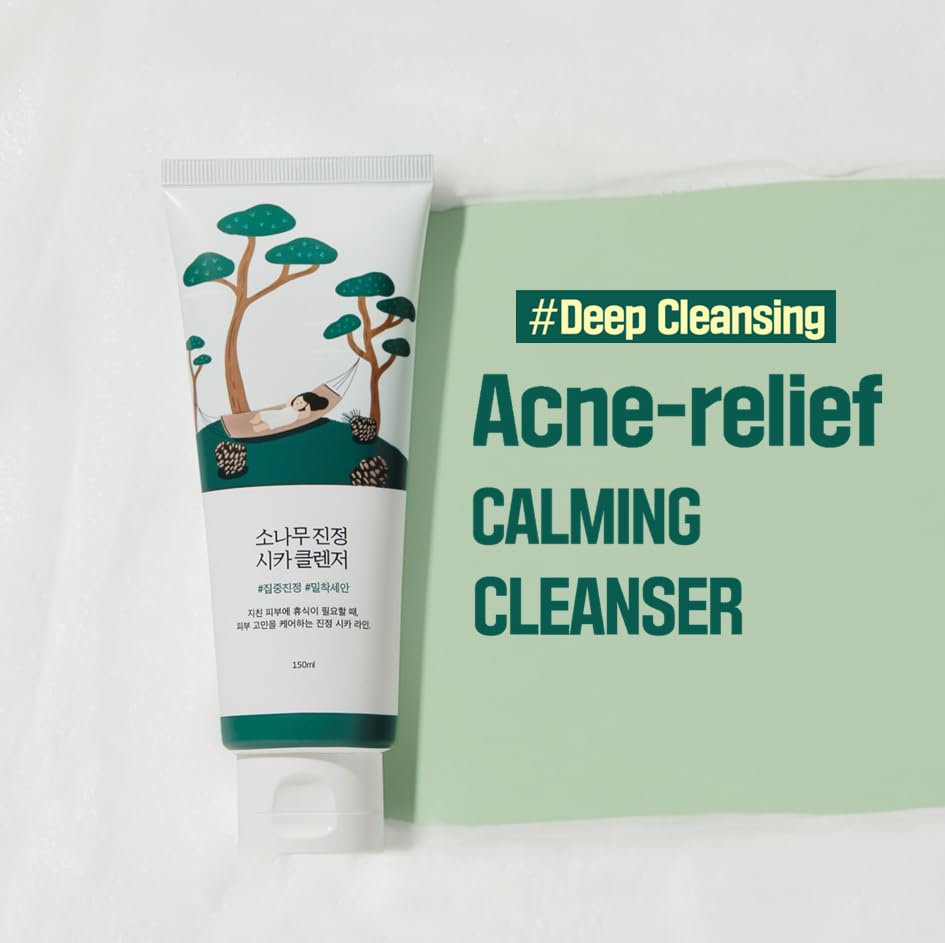 Acne-relief calming cleanser tube with packaging on a white background
