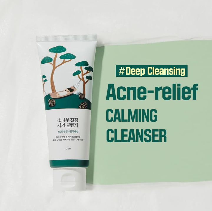 Acne-relief calming cleanser tube with packaging on a white background