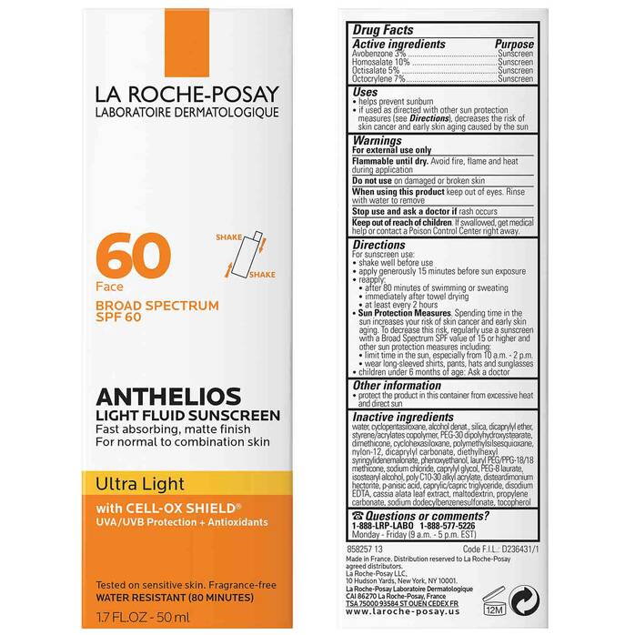 Anthelios Ultra Light Fluid Face Sunscreen SPF 60, 50ml